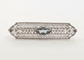 Art Deco Blue Sapphire 14K White Gold Filagree Bar Brooch Pin