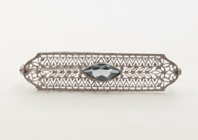 Load image into Gallery viewer, Art Deco Blue Sapphire 14K White Gold Filagree Bar Brooch Pin
