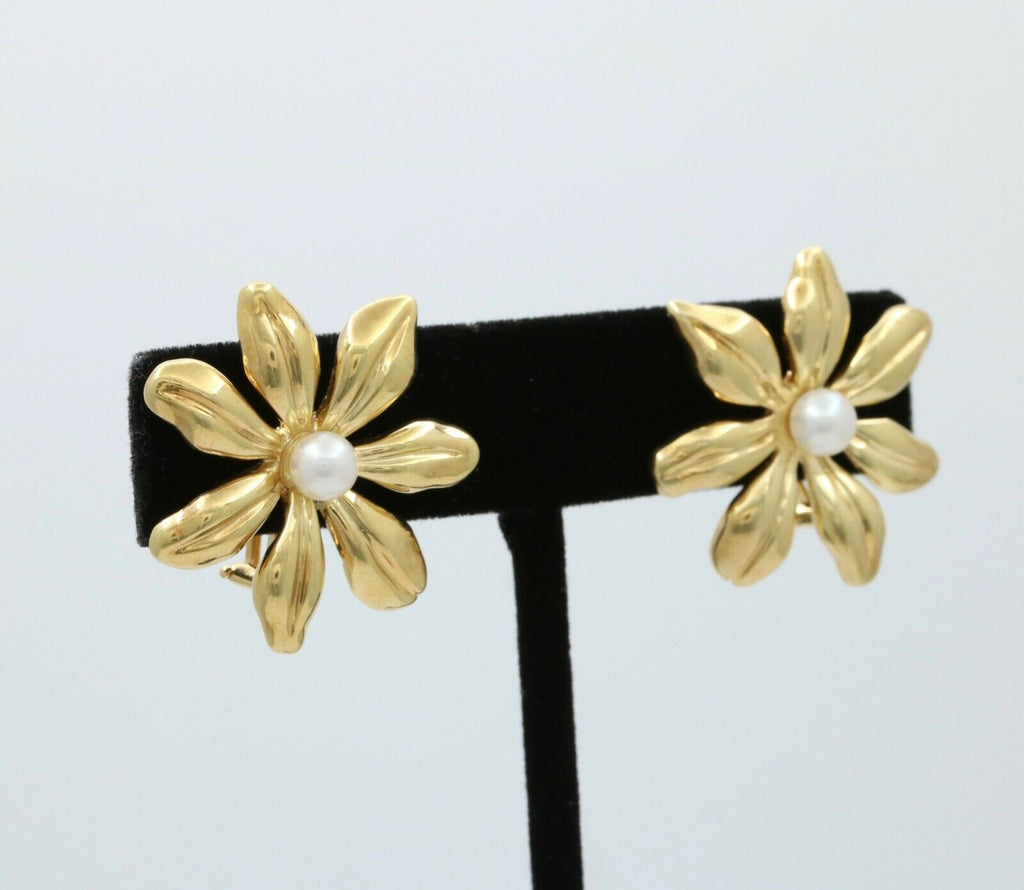 Tiffany and Co. Flower 18K Yellow Gold Pearl French Clip Earrings