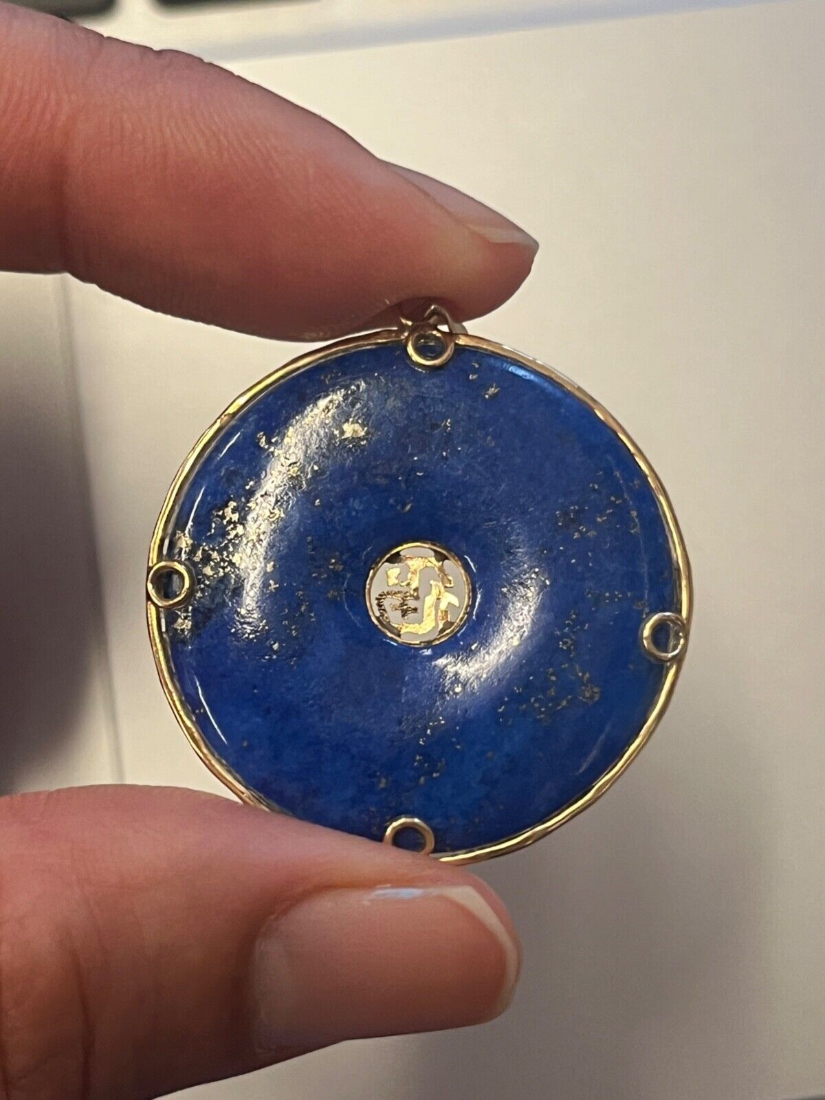 Vintage 14K Yellow Gold Lapis Lazuli Chinese Lucky Fortune Charm Pendant