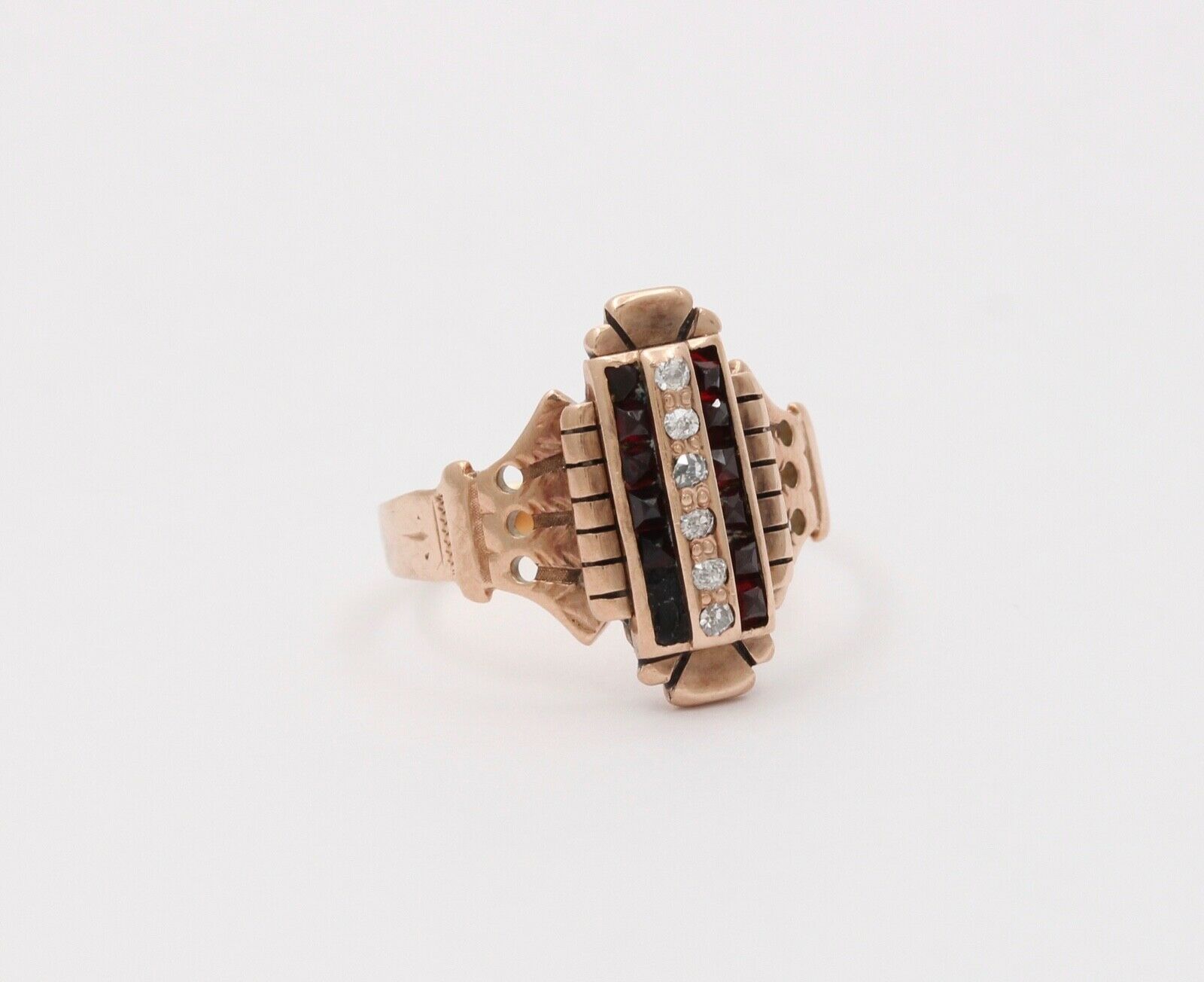 Art Deco Diamonds Garnets 14K Rose Gold Ring
