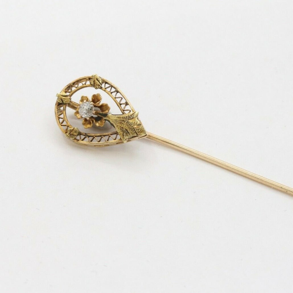 Victorian 14K Yellow Gold Diamond Floral Stick Pin