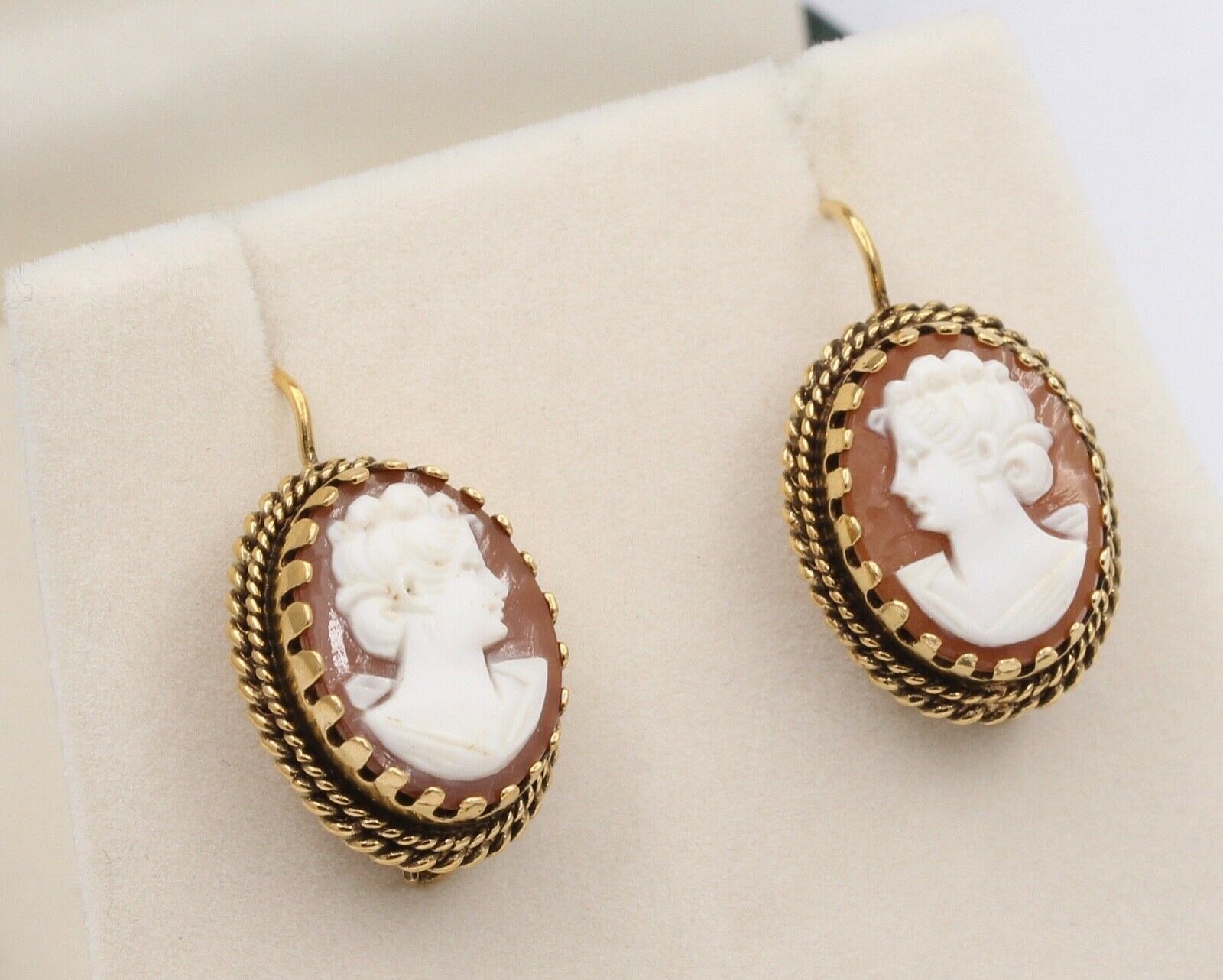 Victorian Revival Agate Cameo 14K Yellow Gold Earrings