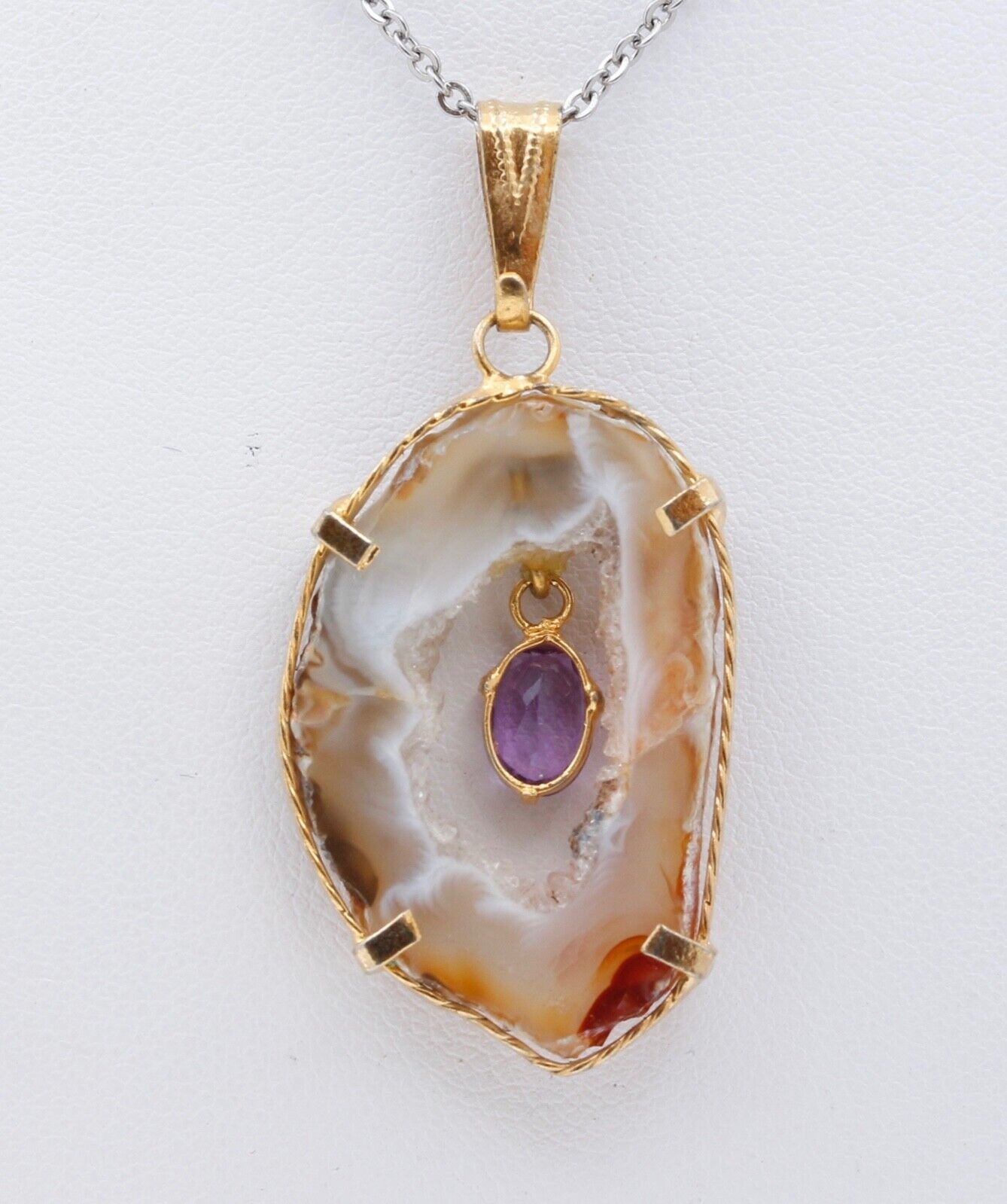 Vintage Agate Geode Crystal & Amethyst February Birthstone Pendant