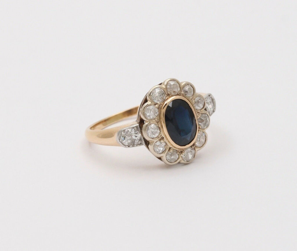 Art Deco Blue Sapphire Single Cut Diamonds 14K Yellow White Gold Ring
