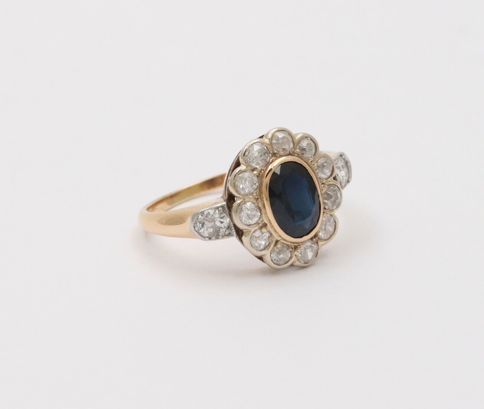 Art Deco Blue Sapphire Single Cut Diamonds 14K Yellow White Gold Ring