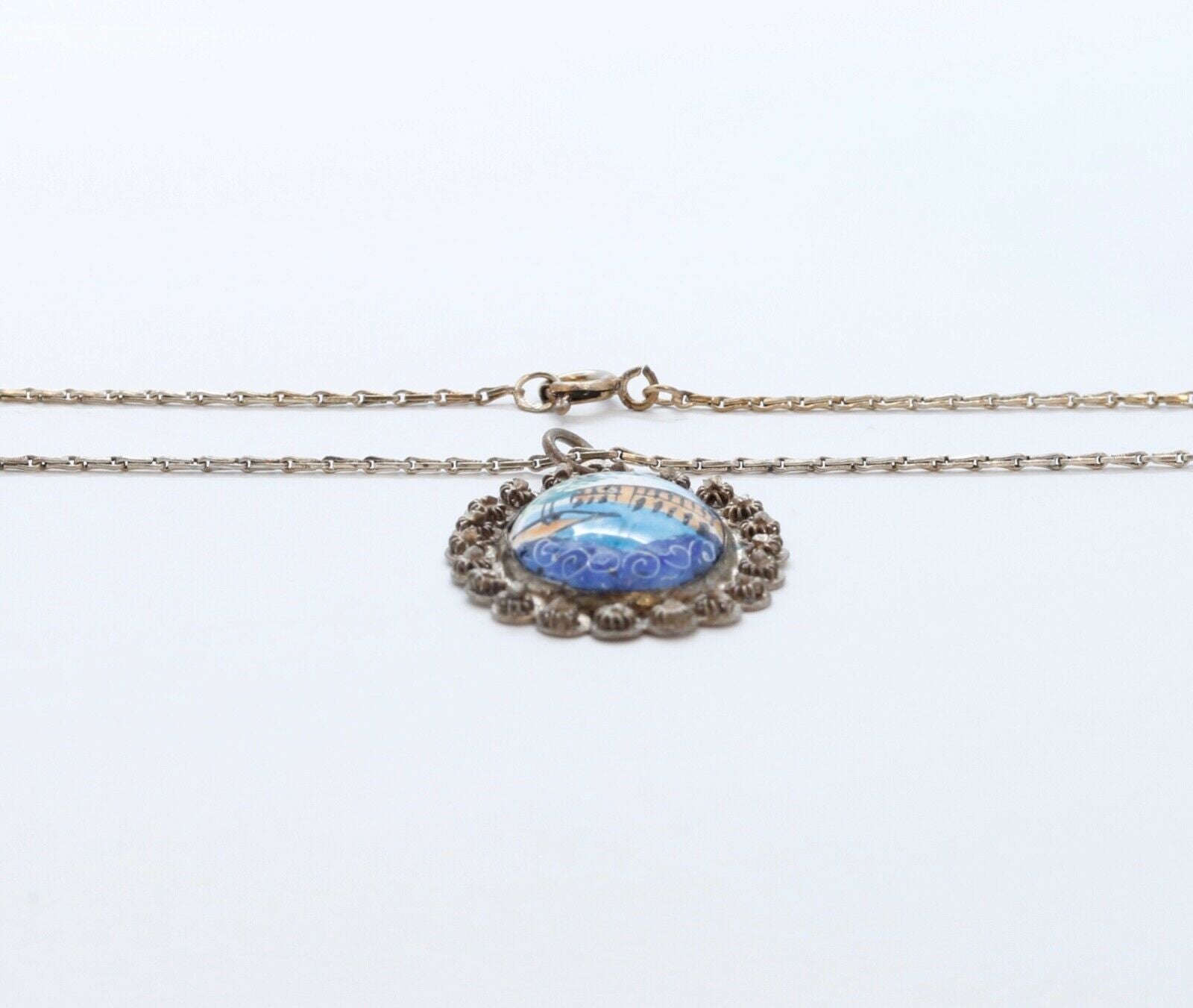Beautiful Vintage 925 Silver Enamel Portrait Floral Pendant and Chain