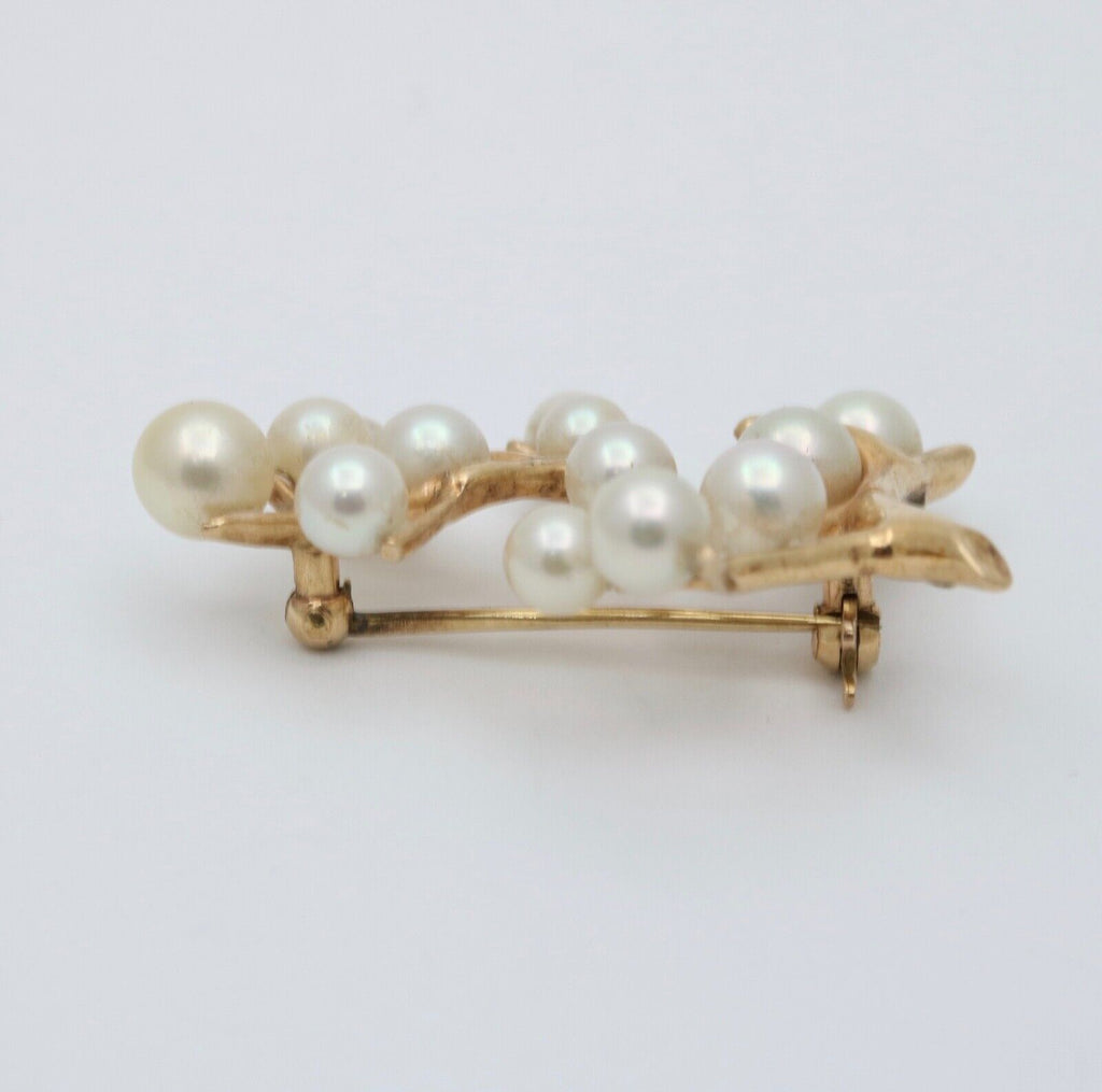 Vintage Mikimoto 14K Yellow Gold Cultured Akoya Pearl Branching Flower Brooch