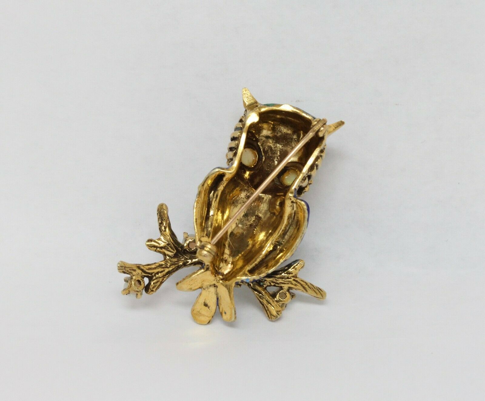 Vintage Enamel 18K Yellow Gold Opal Owl Brooch