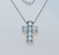 Vintage Ladies Aquamarine Diamonds 18K White Gold Cross and Chain