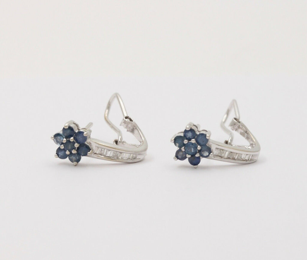 Vintage Flower Blue Sapphires Baguette Diamonds 14K White Gold Earrings
