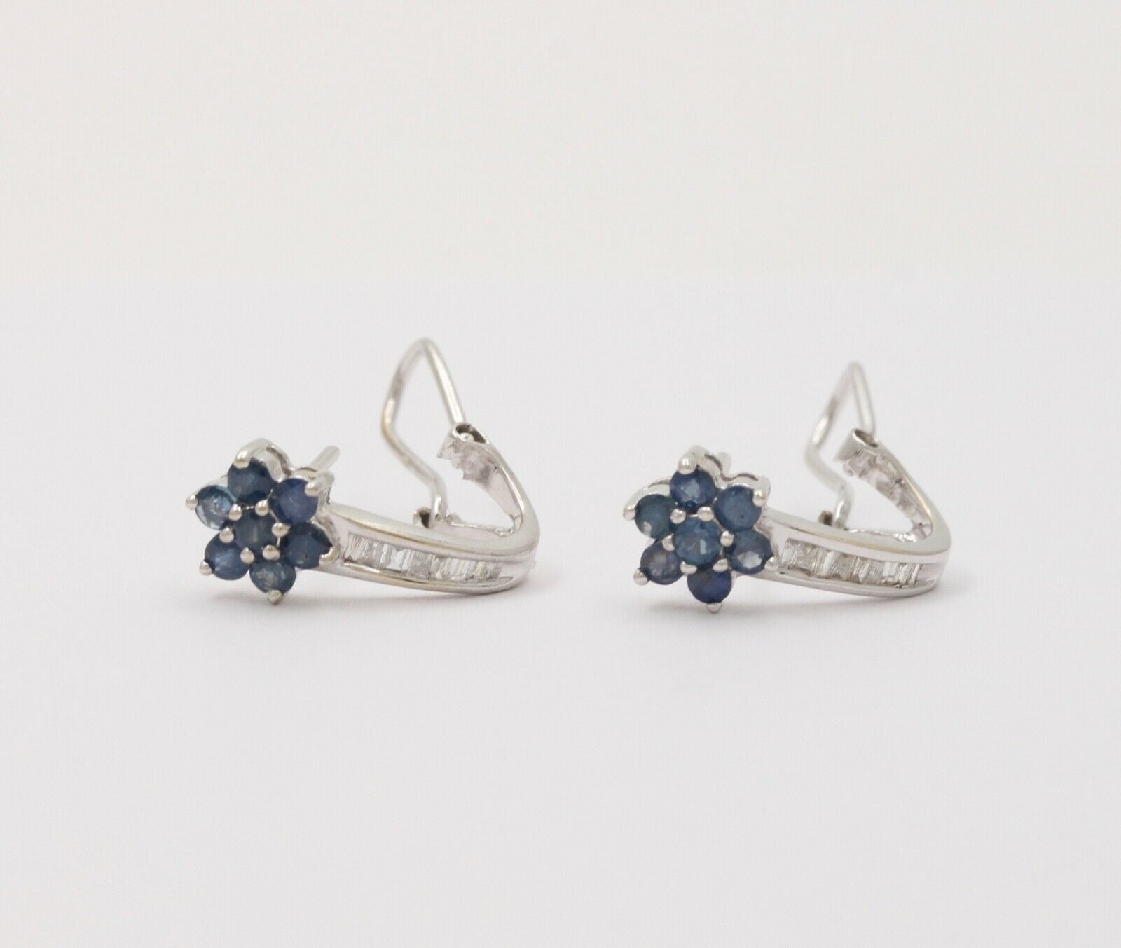 Vintage Flower Blue Sapphires Baguette Diamonds 14K White Gold Earrings