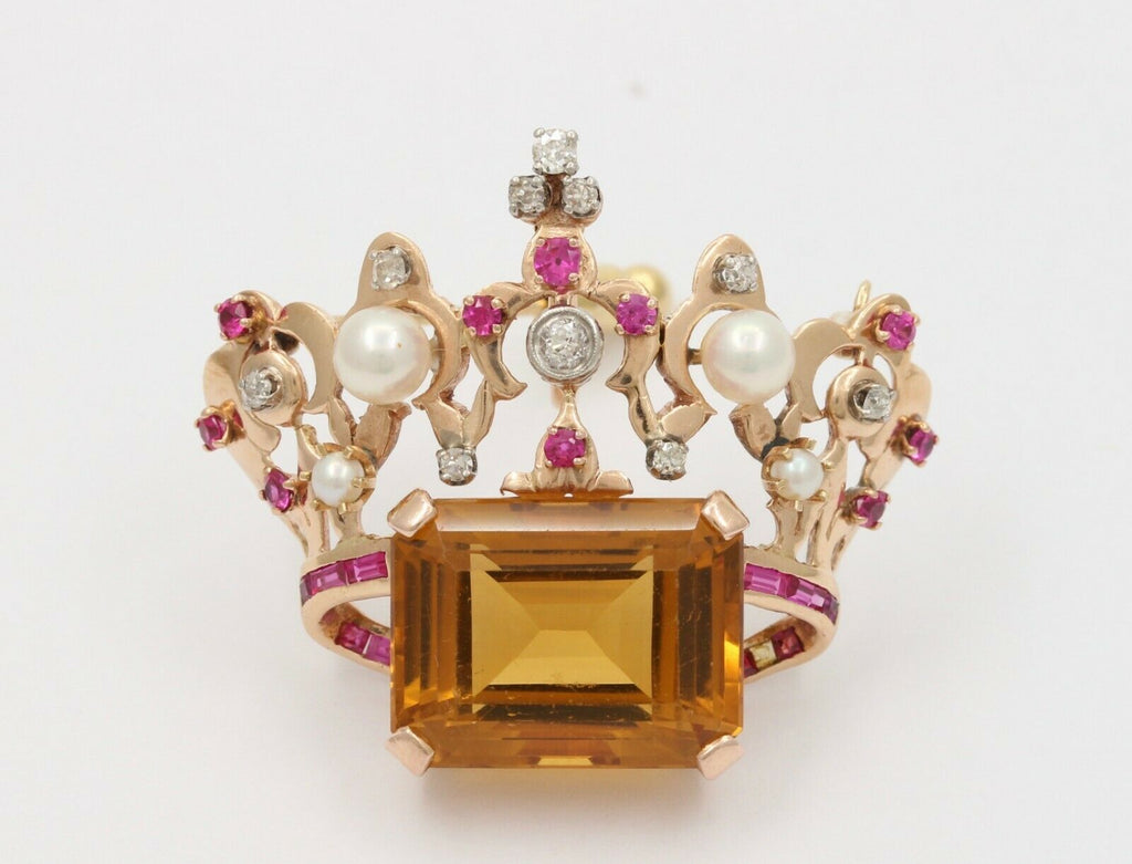 Vintage Retro 14K Rose Gold Royal Crown Citrine Ruby Diamond Pearl Brooch