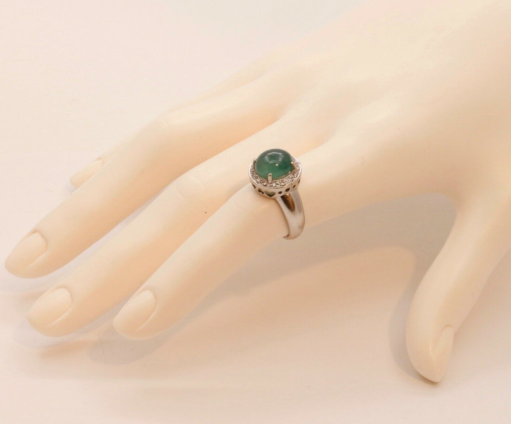 Vintage Watery Transcluscent Jade Diamonds Halo 14K White Gold Ring
