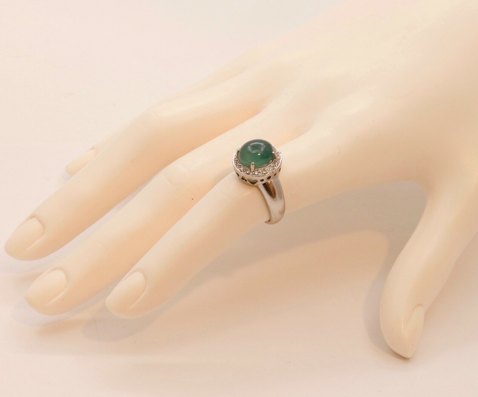 Vintage Watery Transcluscent Jade Diamonds Halo 14K White Gold Ring