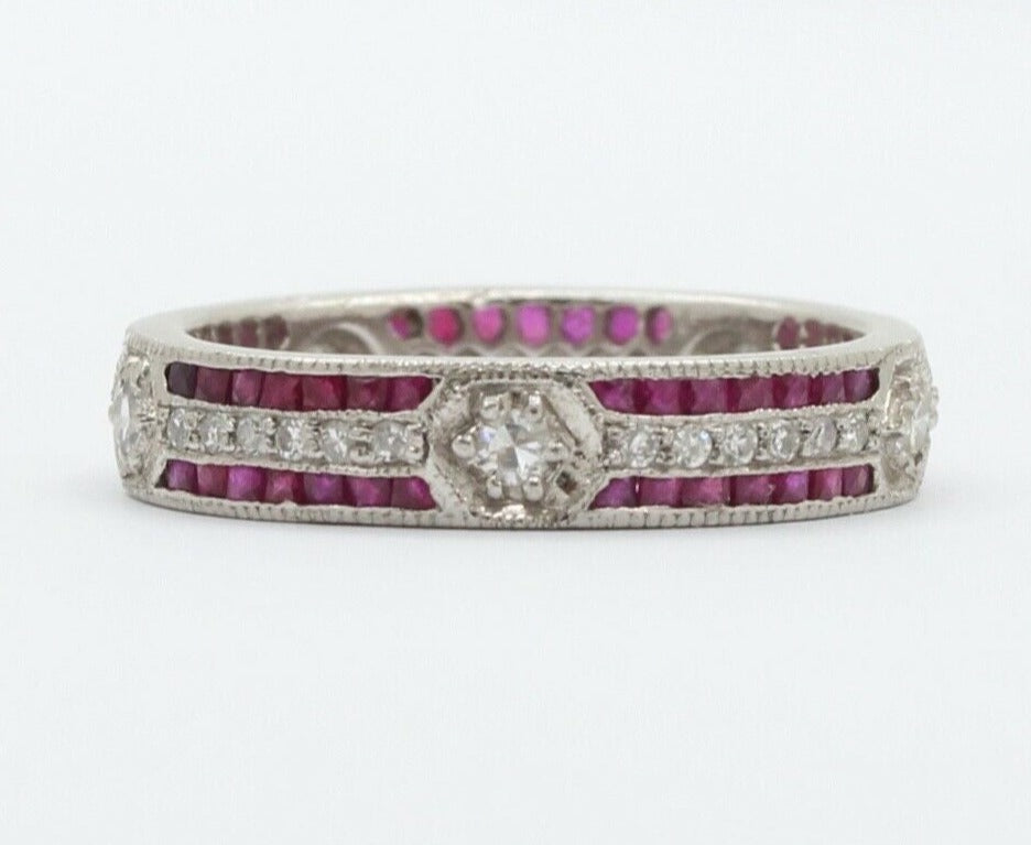 Ladies 18K White Gold Diamonds Rubies Stacking Eternity Band