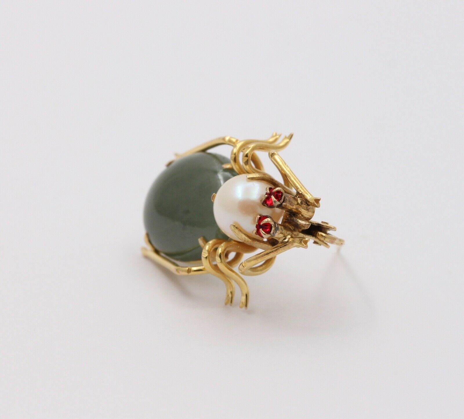 Vintage 9K Yellow Gold Spinach Jade and Pearl Beetle or Spider Brooch Pin