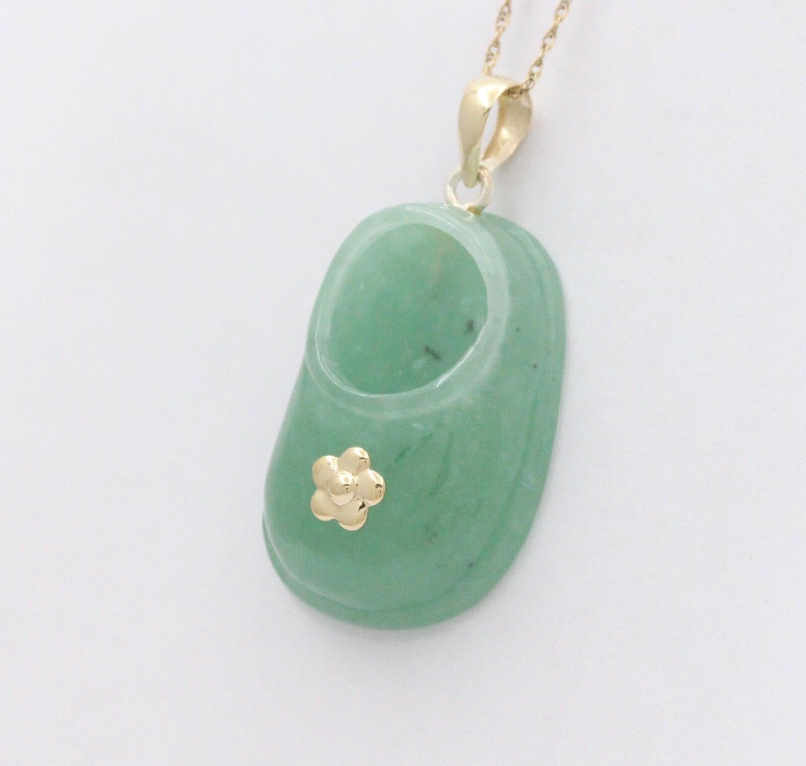Vintage Translucent Green Jade Shoe Pendant 14K Yellow Gold