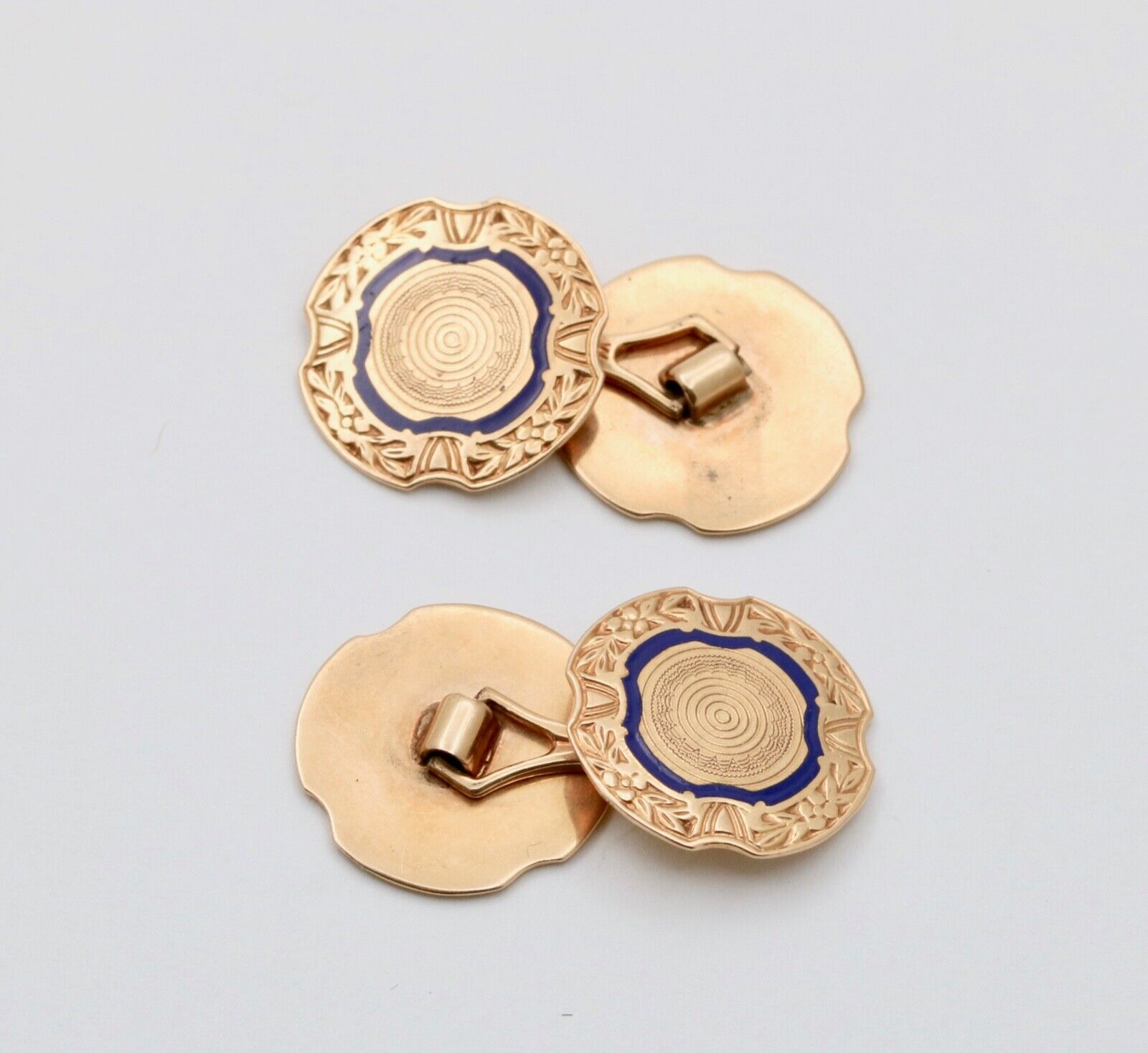 Vintage Blue Enamel High Relief 14K Gold Cufflinks