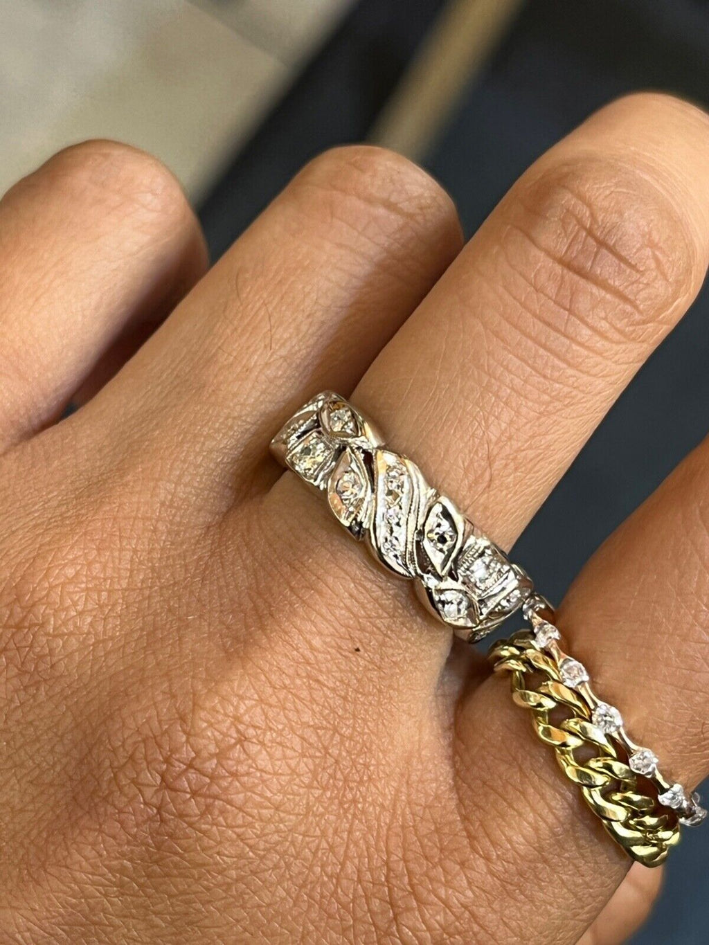 Art Deco 14K White Gold Diamond Ring Band, Wedding Band