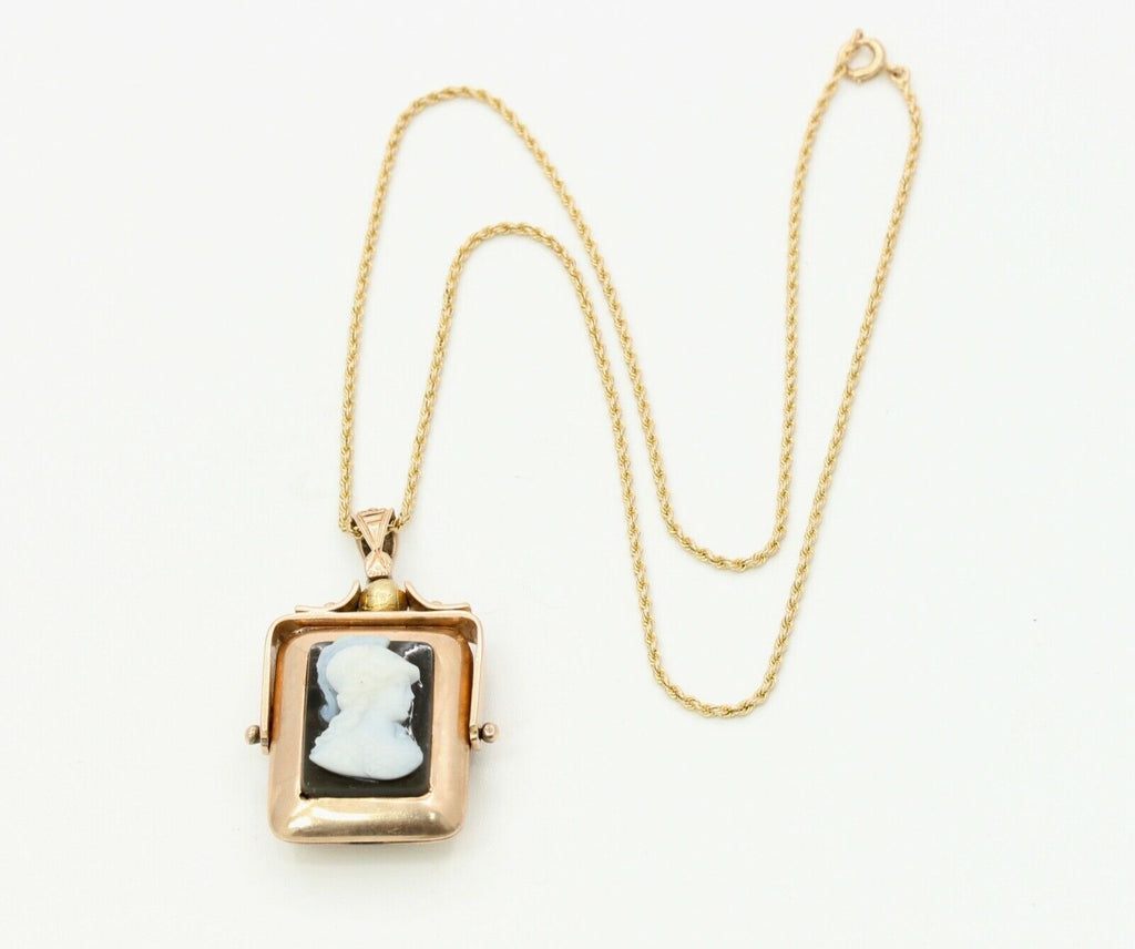 Victorian 10K Gold Onyx Sardonyx Spinning Locket Pendant Chain