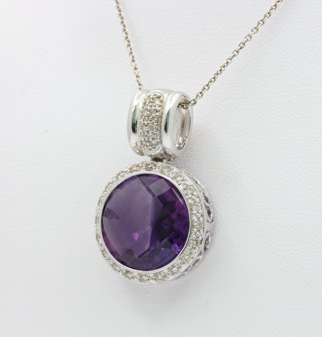 Vintage Ladies Amethyst Diamonds 14K White Gold Pendant