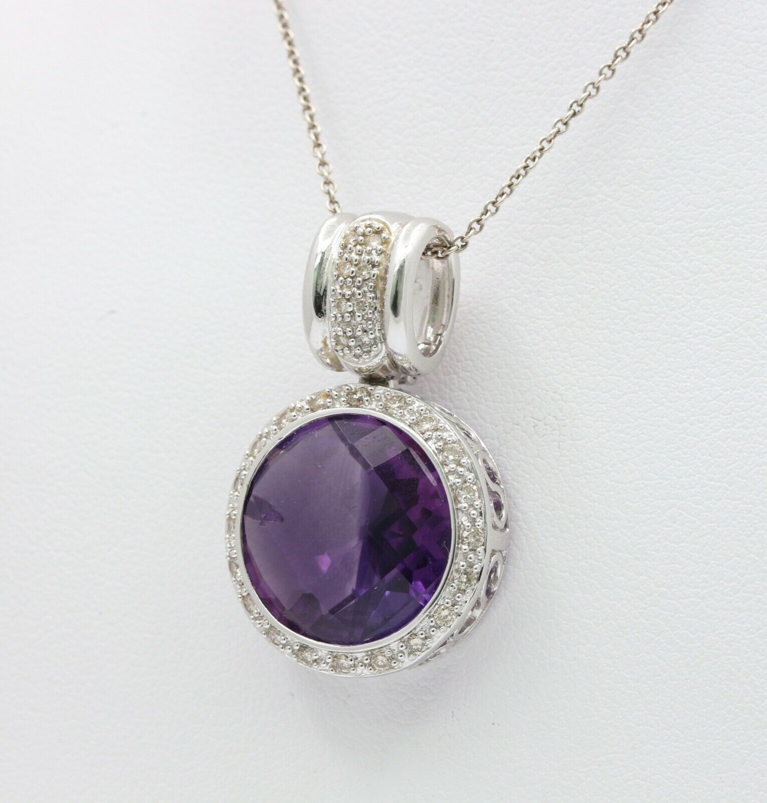 Vintage Ladies Amethyst Diamonds 14K White Gold Pendant