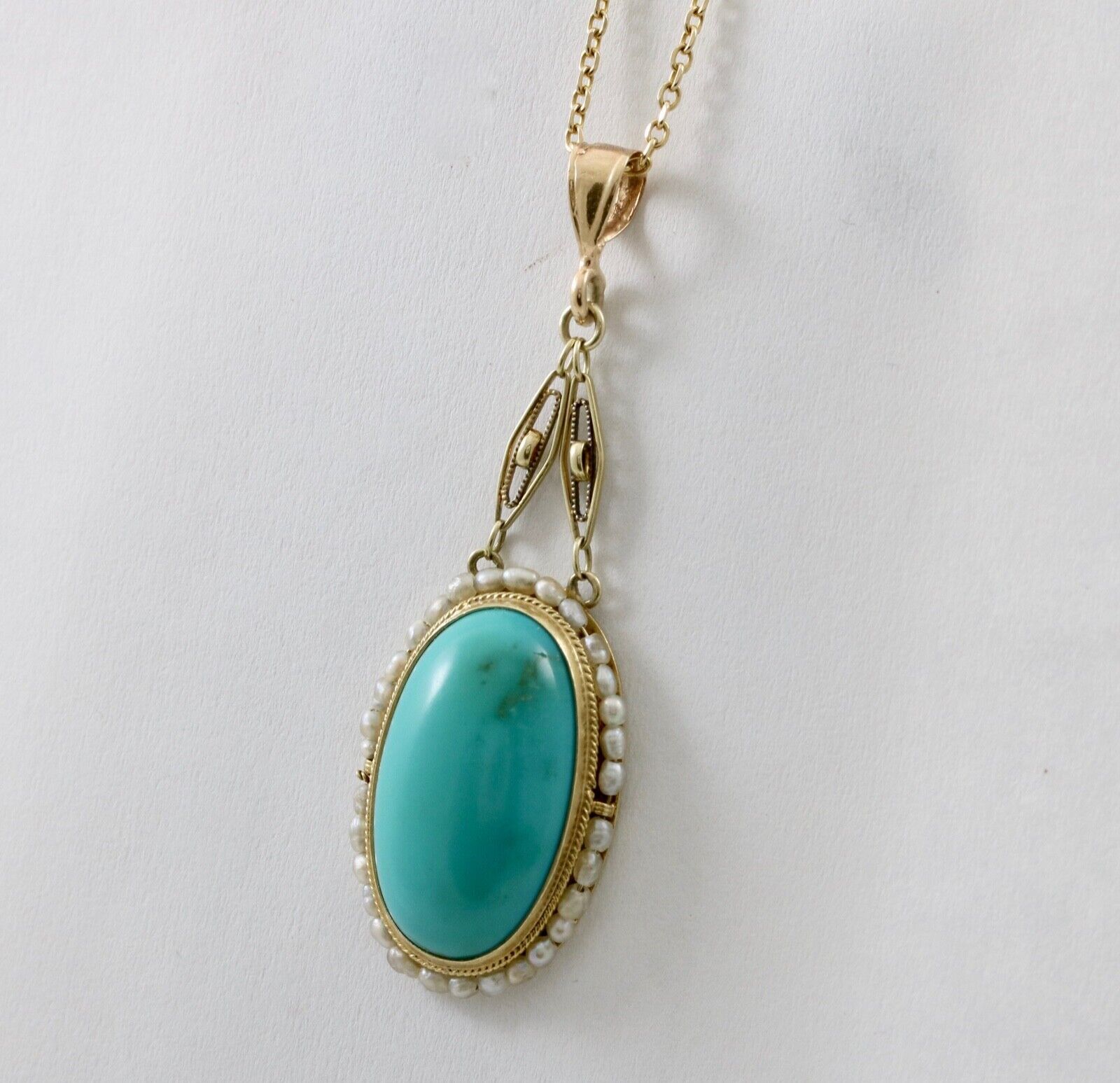 Antique 14K Yellow Gold Turquoise Pearl Seed Halo Pendant