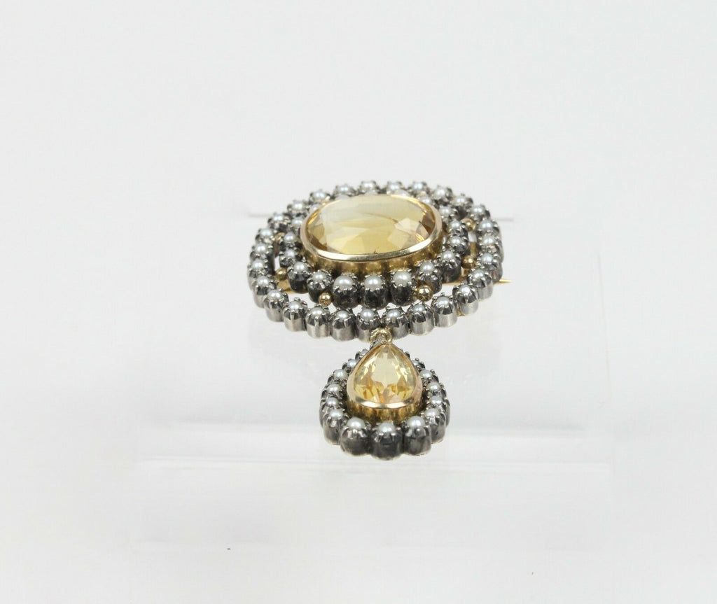Vintage 14K & Silver Citrine Seed Pearl Brooch Pendant