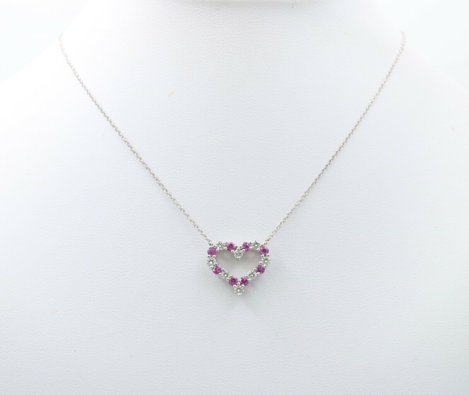 Tiffany and Co. Heart Pendant and Chain Diamonds Pink Sapphires Platinum