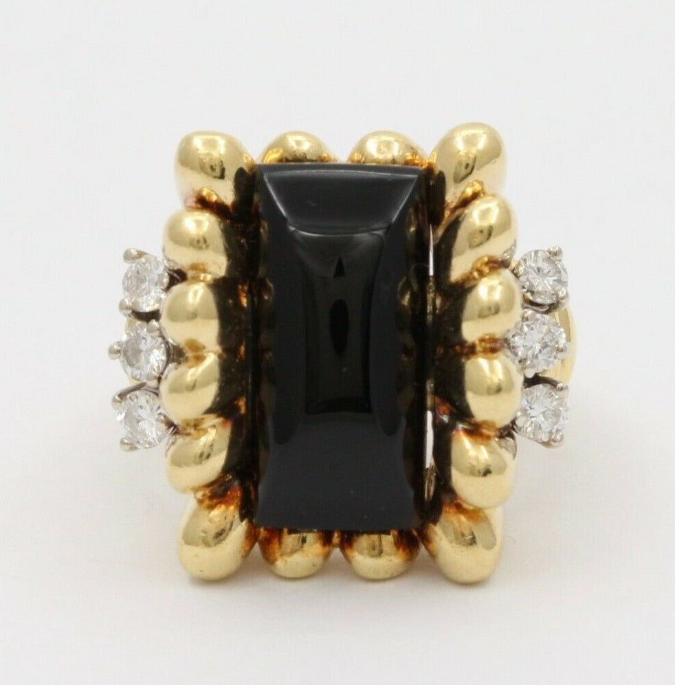 Vintage 18K Yellow Gold Unique Onyx Diamond Statement Ring