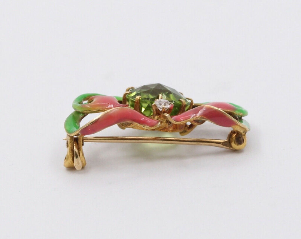 Art Nouveau Peridot 18K Yellow Gold Enamel Brooch Pin