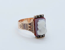 Load image into Gallery viewer, Victorian Ladies Carved Agate Cameo Seed Pearls 14K Rose Gold Ring
