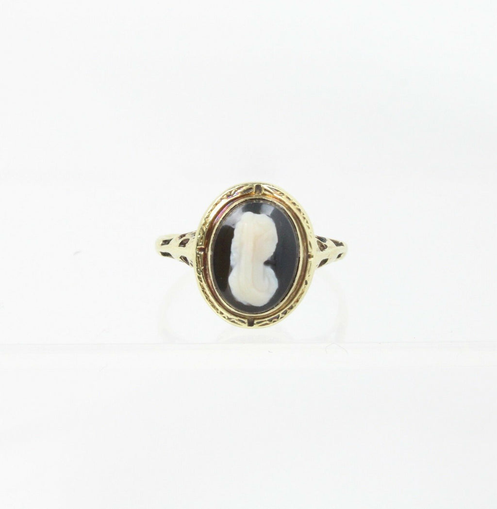 Victorian Cameo Ring 14K White Gold Black Onyx