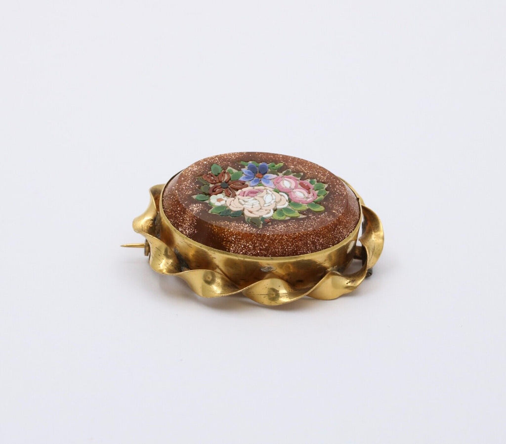 Antique 10K Gold Filled Bloodstone Pietra Dura Micro Mosaic Brooch, Pin.