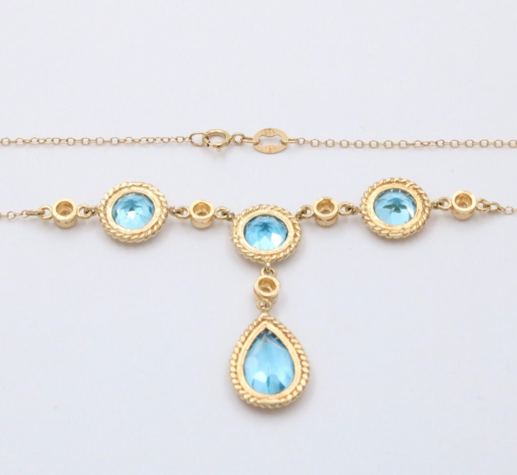 Vintage 14K Yellow Gold Teardrop Blue Zircon Festoon Necklace. Negligee Necklace