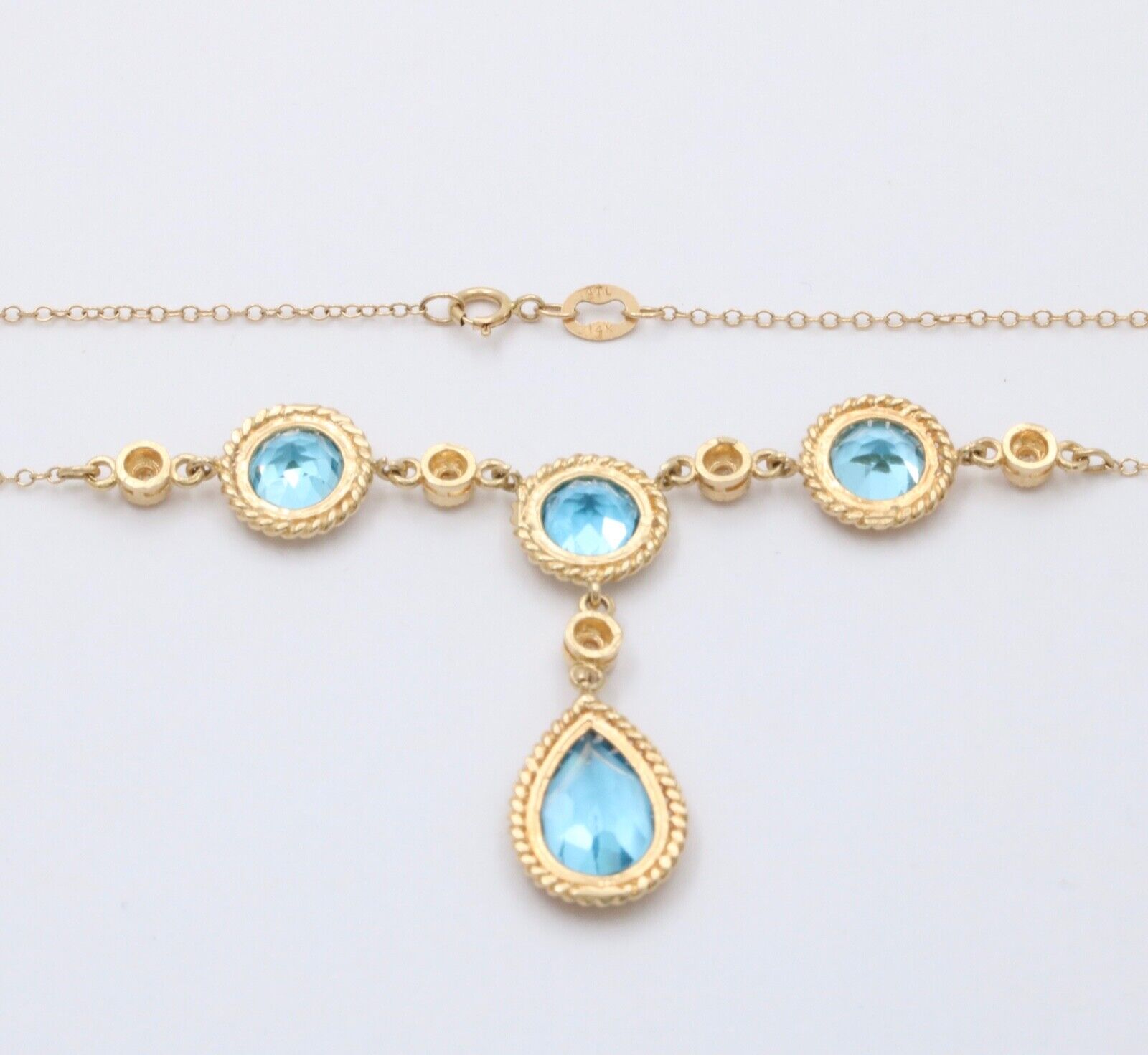 Vintage 14K Yellow Gold Teardrop Blue Zircon Festoon Necklace. Negligee Necklace