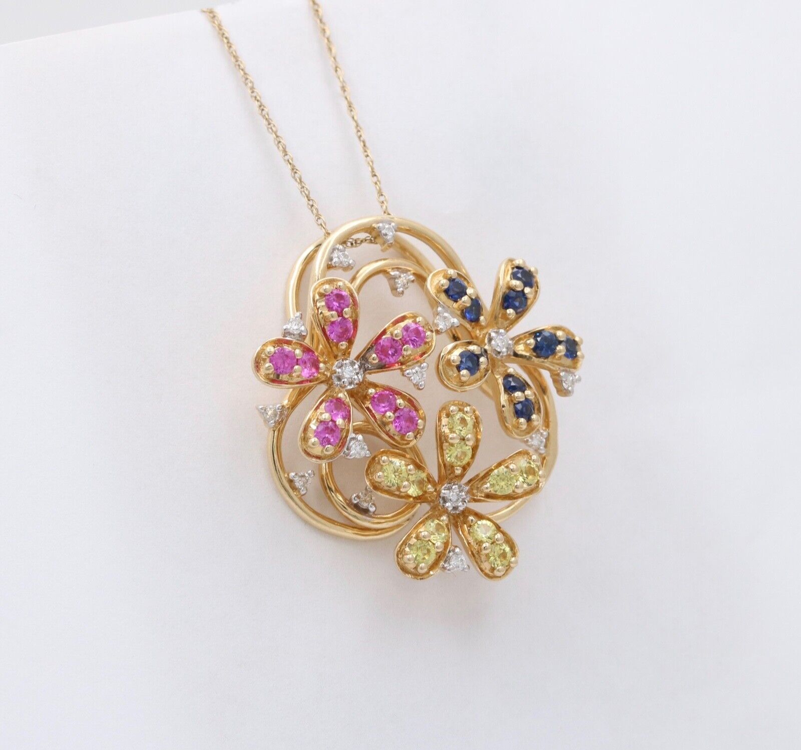 Lovely Multi-Color Sapphire and Diamond 14K Yellow Gold Flower Pendant, Necklace