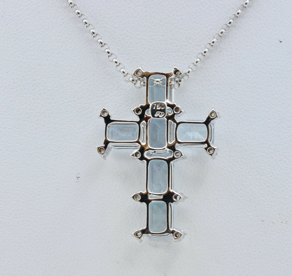 Vintage Ladies Aquamarine Diamonds 18K White Gold Cross and Chain