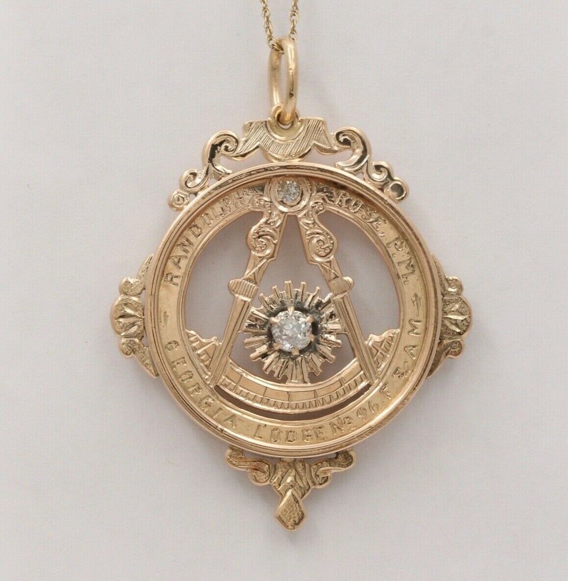 Antique Masonic Old Mine Cut Diamonds Charm Pendant, Necklace.