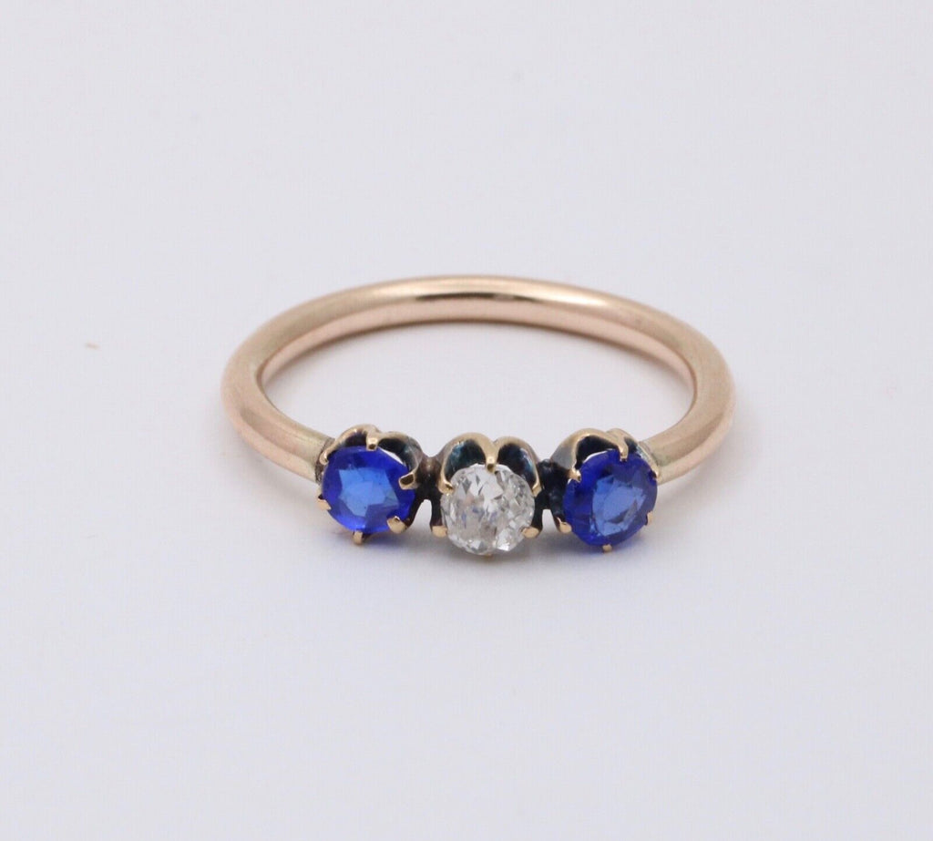 Victorian Old European Diamond Synthetic Sapphires 10K Yellow Gold Ring