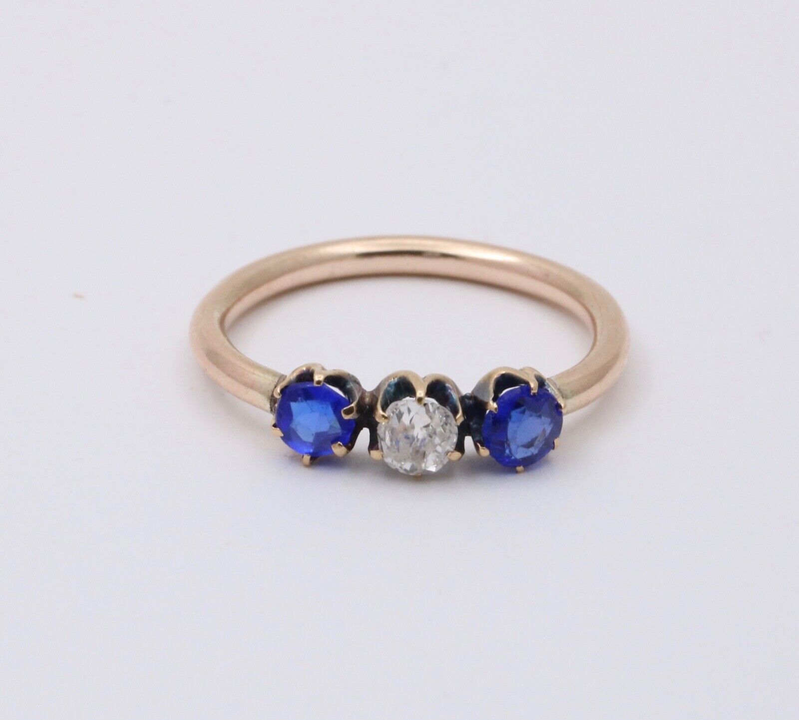 Victorian Old European Diamond Synthetic Sapphires 10K Yellow Gold Ring
