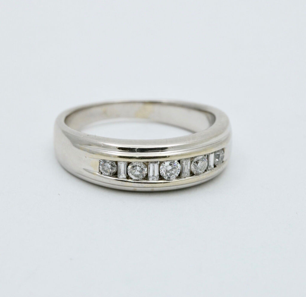 Vintage Round Baguette Cut Diamond 14K White Gold Ring