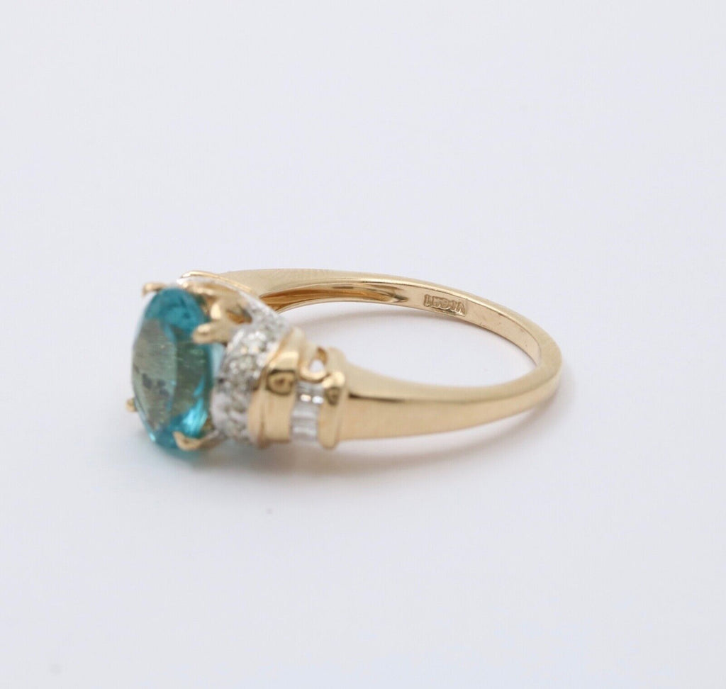 Vintage Blue Zircon And Diamond 14K Yellow Gold Ring Band, Engagement Ring