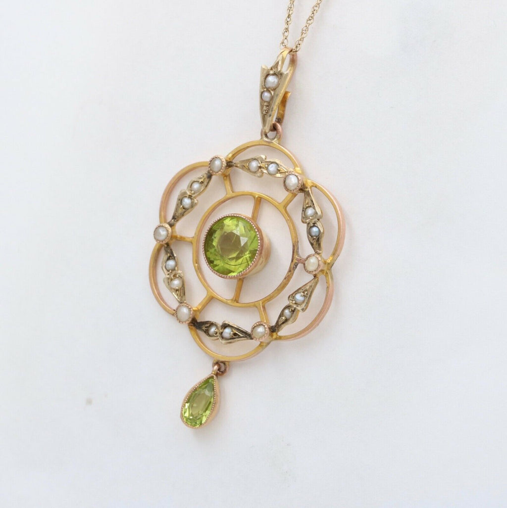 Art Nouveau Peridot Seed Pearls 9 Carat Pendant