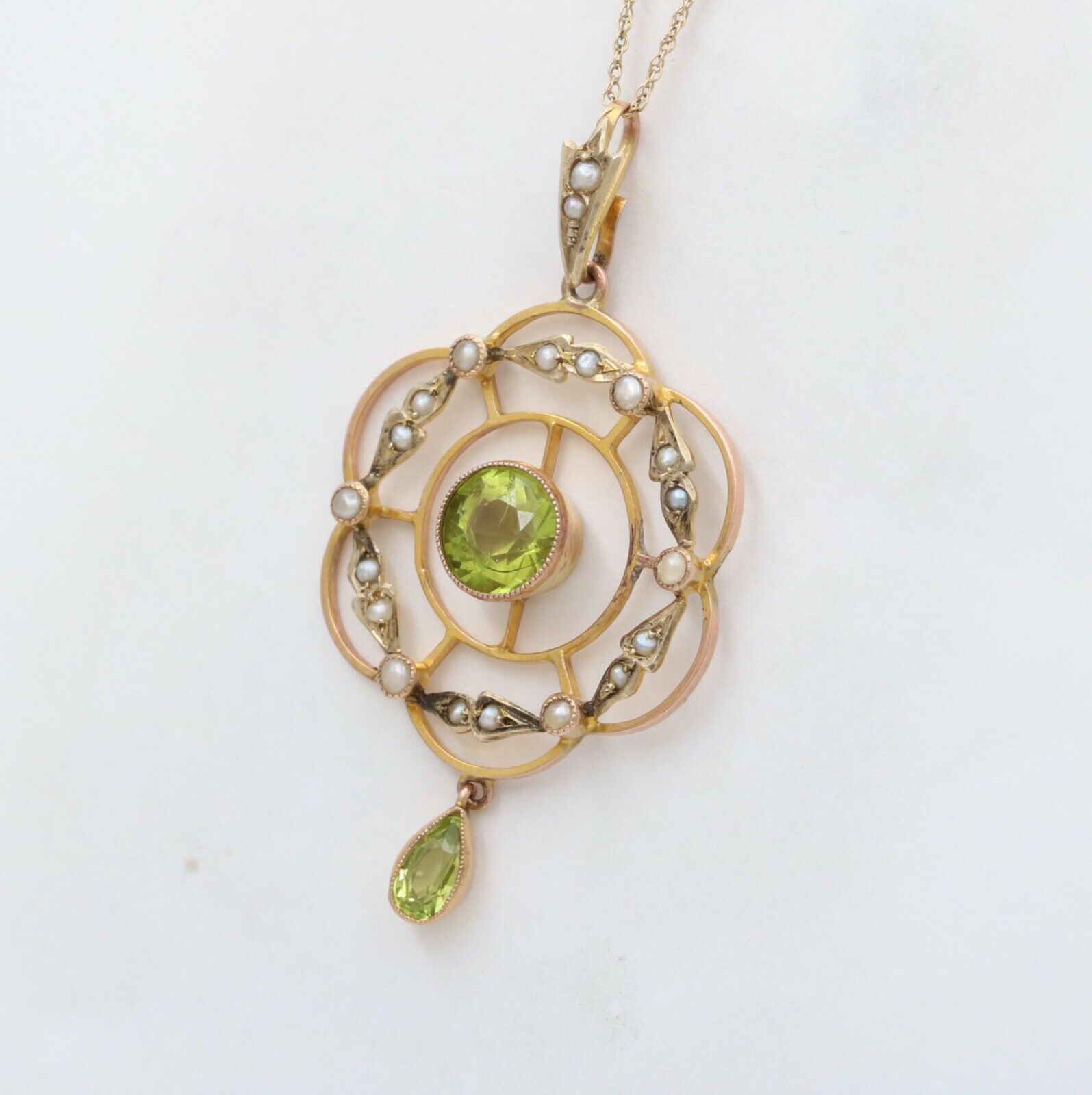 Art Nouveau Peridot Seed Pearls 9 Carat Pendant