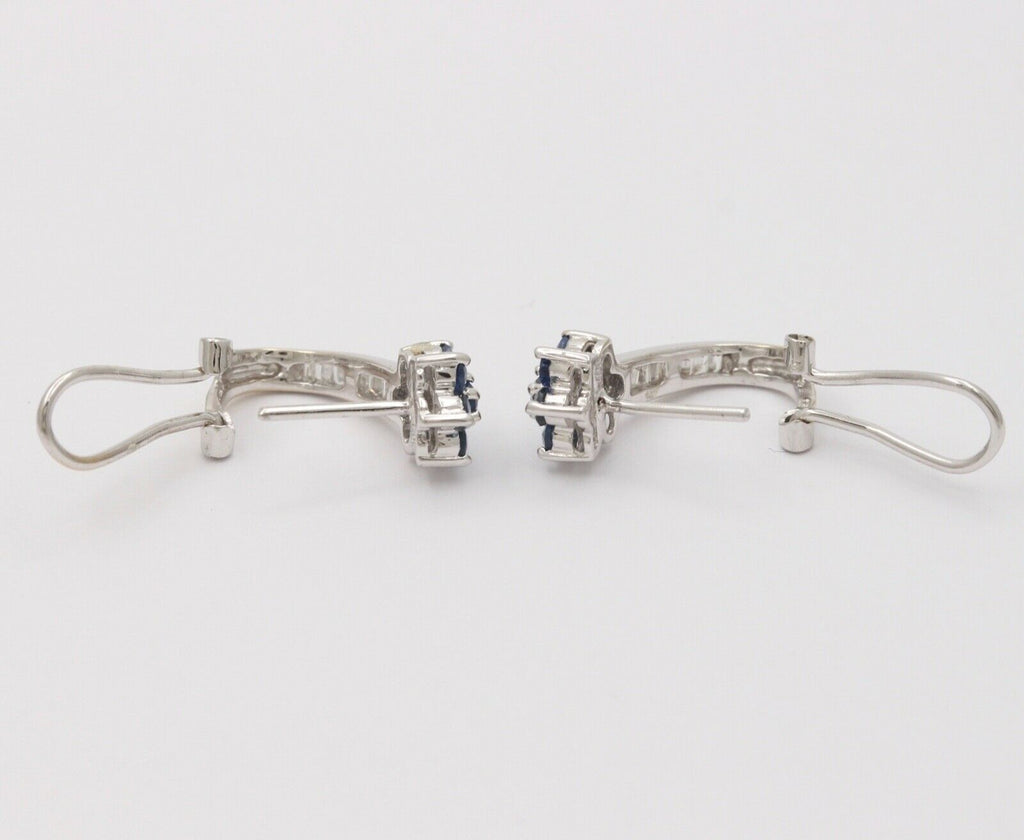 Vintage Flower Blue Sapphires Baguette Diamonds 14K White Gold Earrings