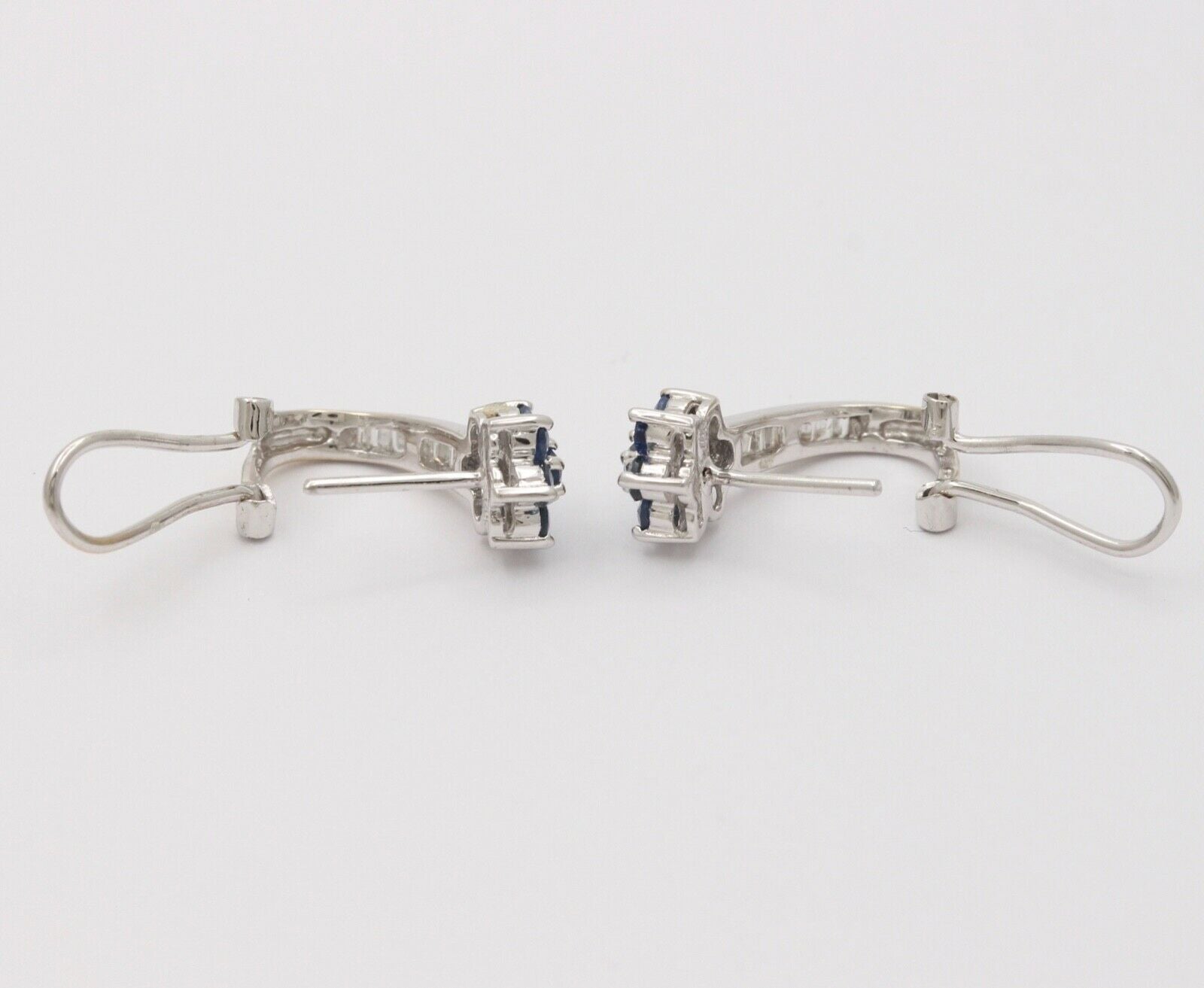 Vintage Flower Blue Sapphires Baguette Diamonds 14K White Gold Earrings