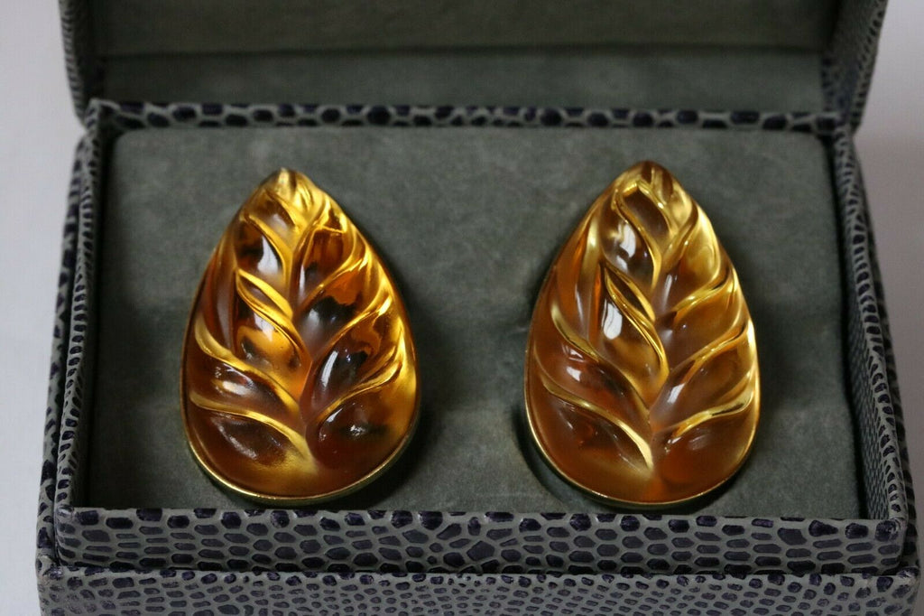 Lalique Carved Leaf Yellow Crystal Clip On Earring