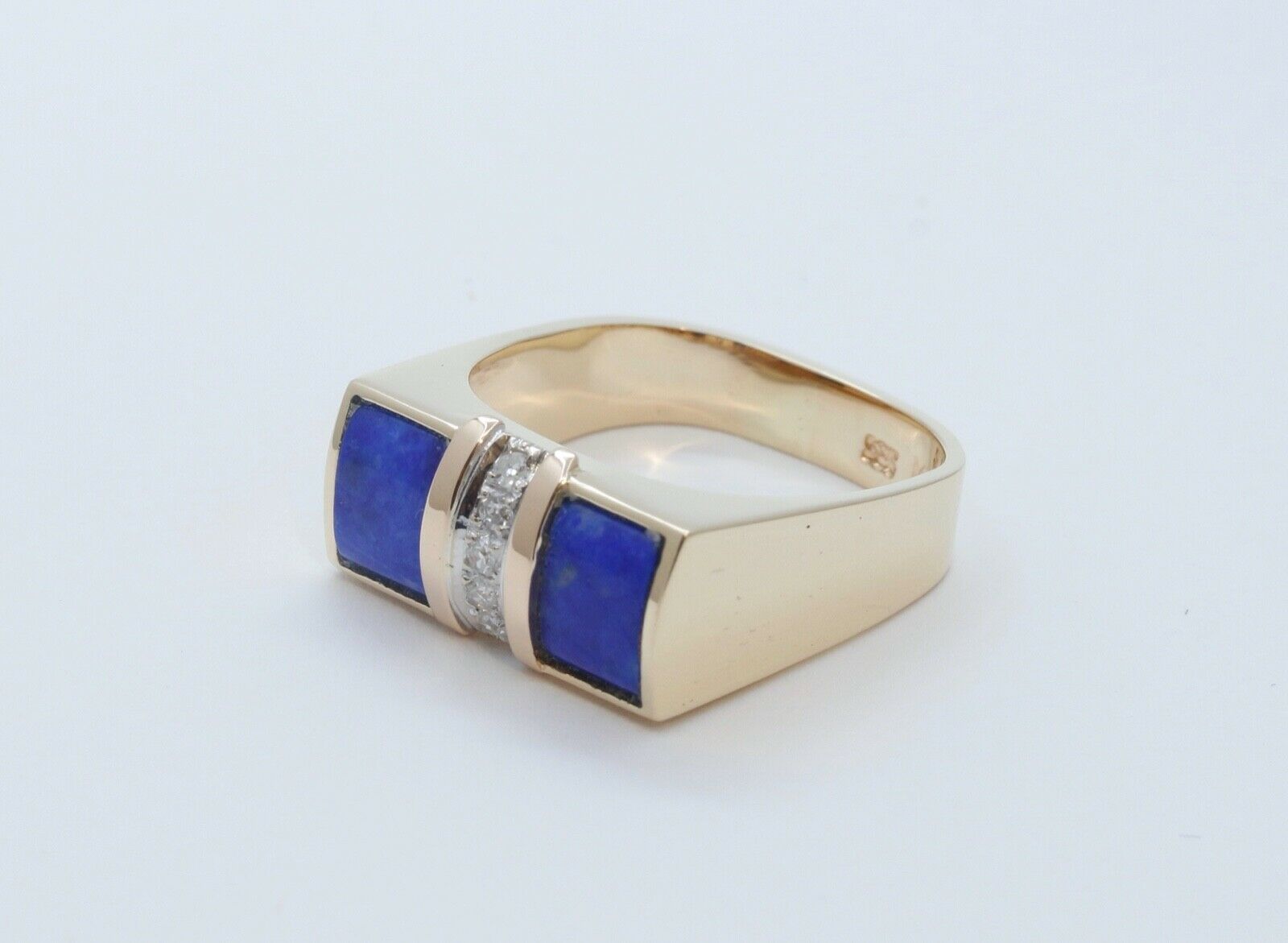 Cool Unisex Geometric Lapis Lazuli Diamonds 14K Yellow Gold Ring